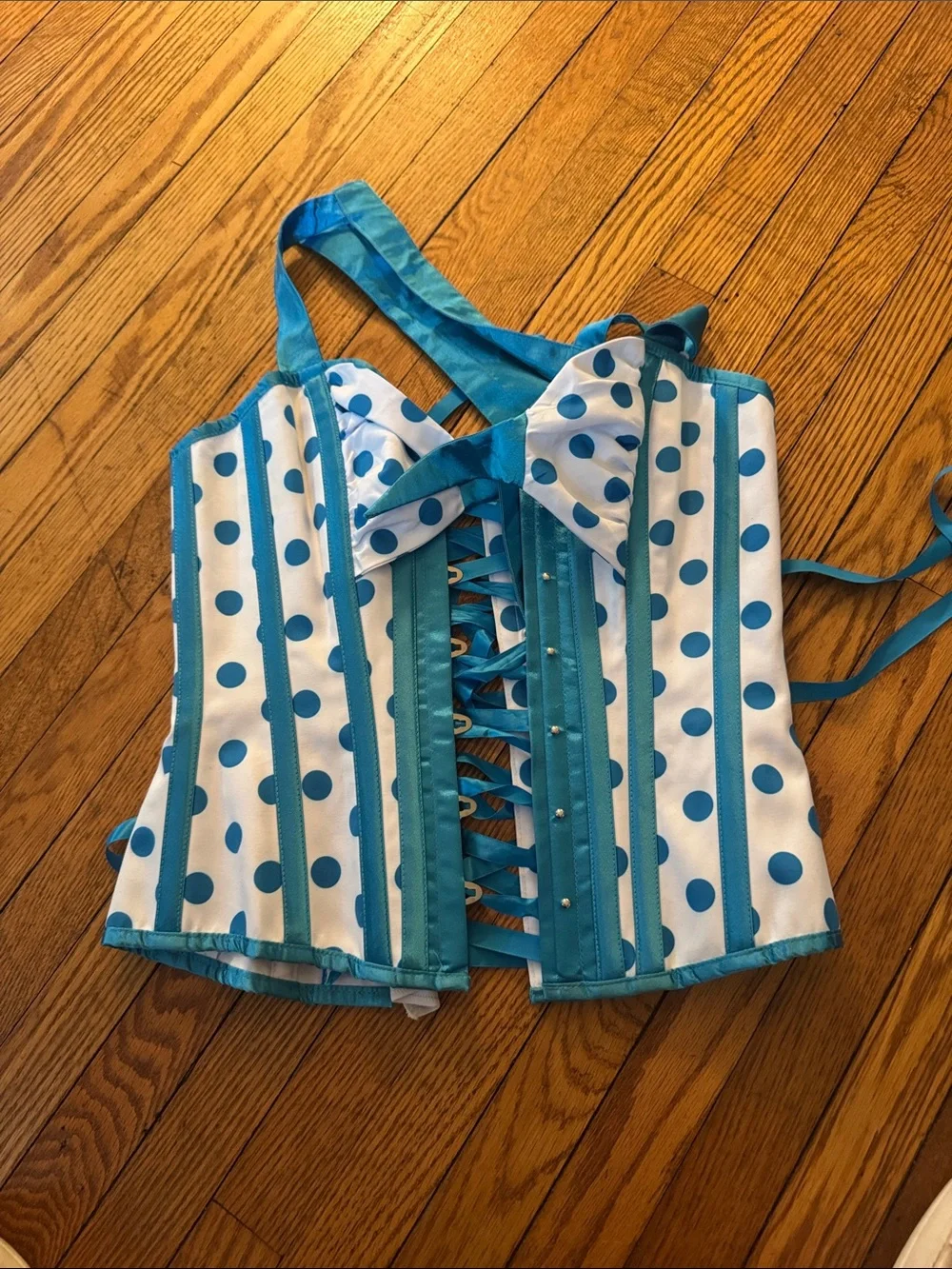 Corset story Blue Polka Dot Halter Corset Top size uk 12
